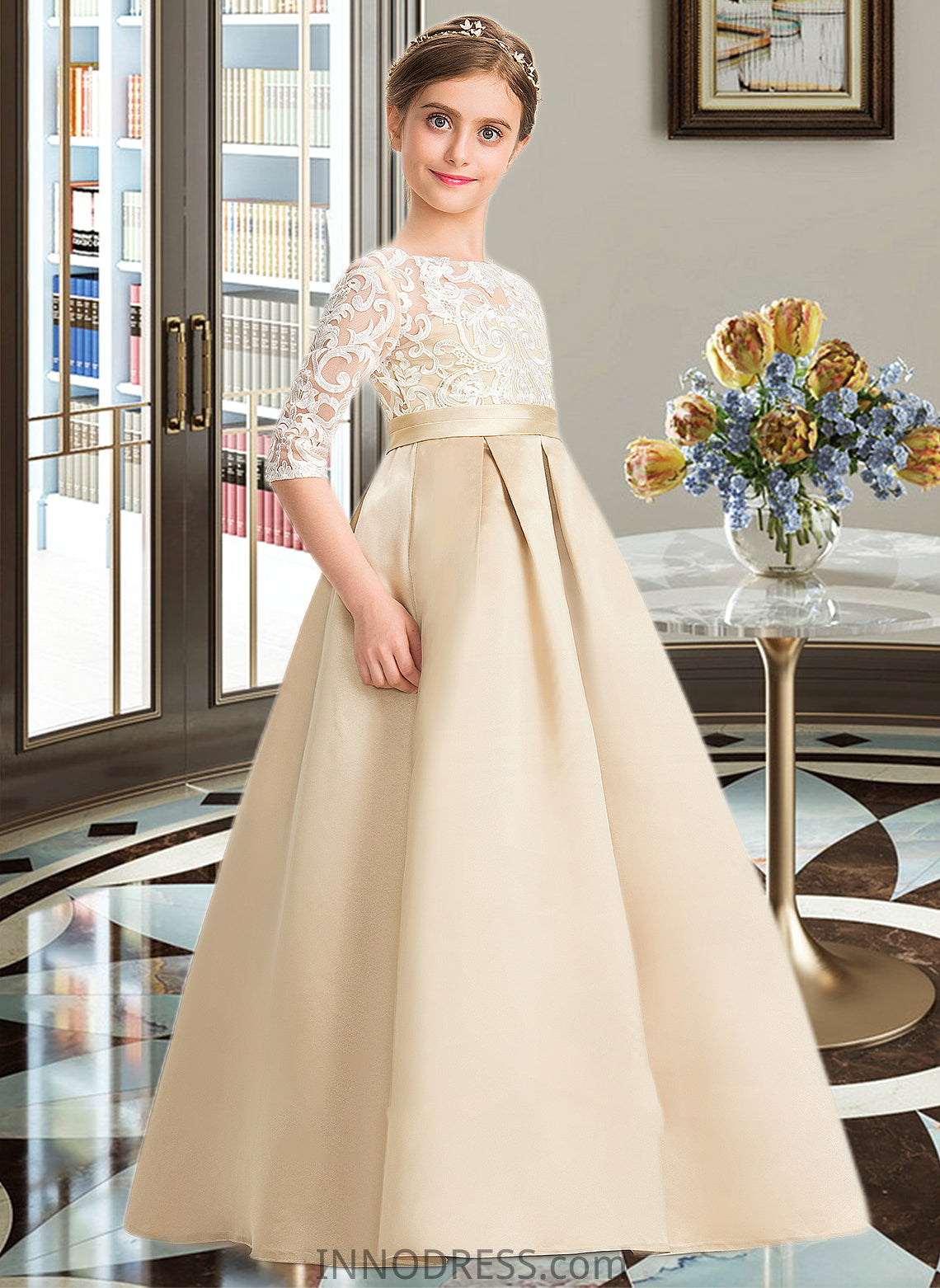 Marin Ball-Gown/Princess Scoop Neck Floor-Length Satin Lace Junior Bridesmaid Dress DPP0013498