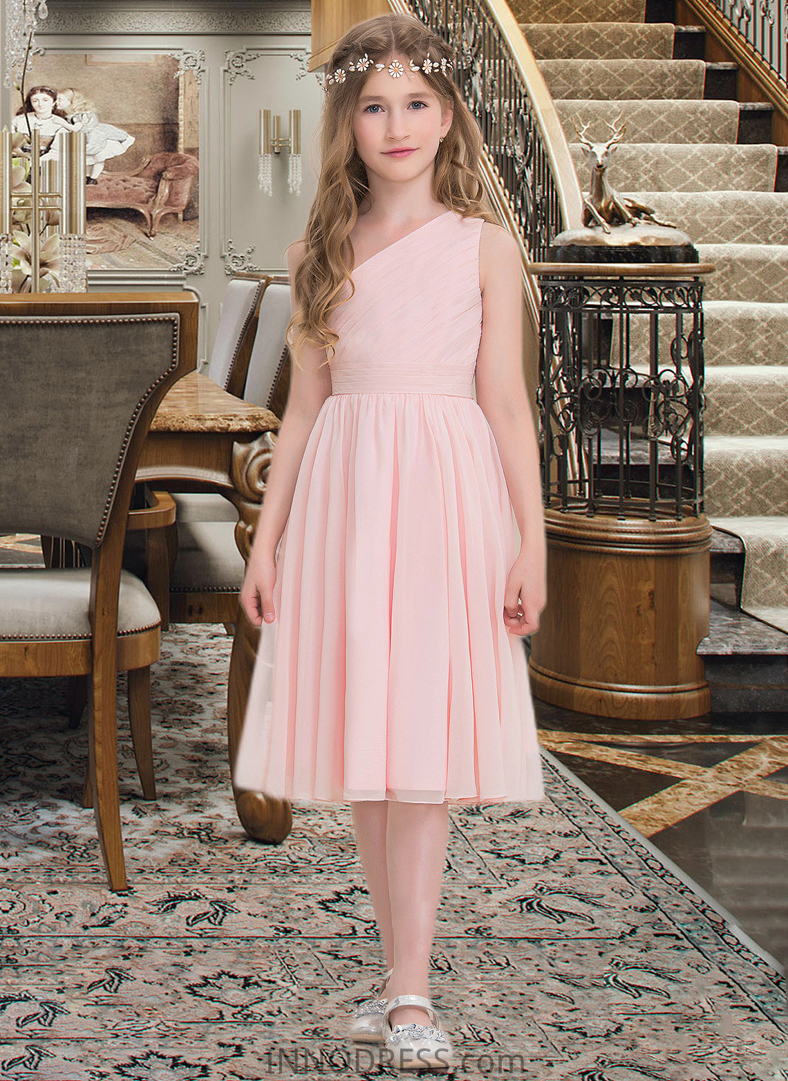 Pancy A-Line One-Shoulder Knee-Length Chiffon Junior Bridesmaid Dress With Ruffle DPP0013499