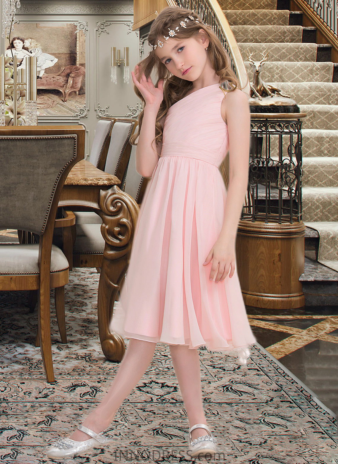 Pancy A-Line One-Shoulder Knee-Length Chiffon Junior Bridesmaid Dress With Ruffle DPP0013499