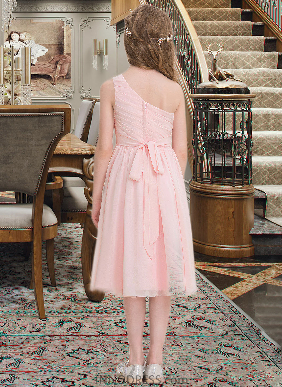 Pancy A-Line One-Shoulder Knee-Length Chiffon Junior Bridesmaid Dress With Ruffle DPP0013499