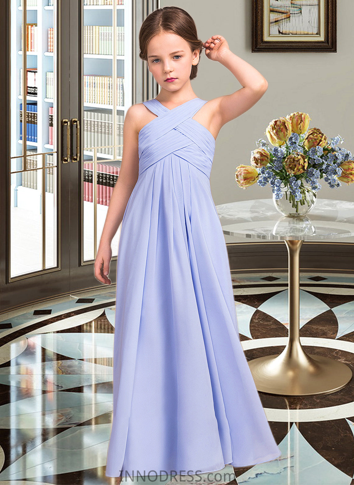 Alessandra A-Line V-neck Floor-Length Chiffon Junior Bridesmaid Dress With Ruffle DPP0013501