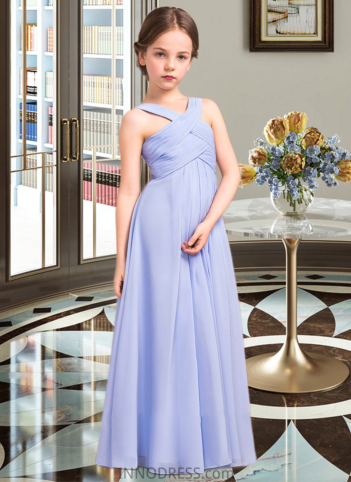 Alessandra A-Line V-neck Floor-Length Chiffon Junior Bridesmaid Dress With Ruffle DPP0013501