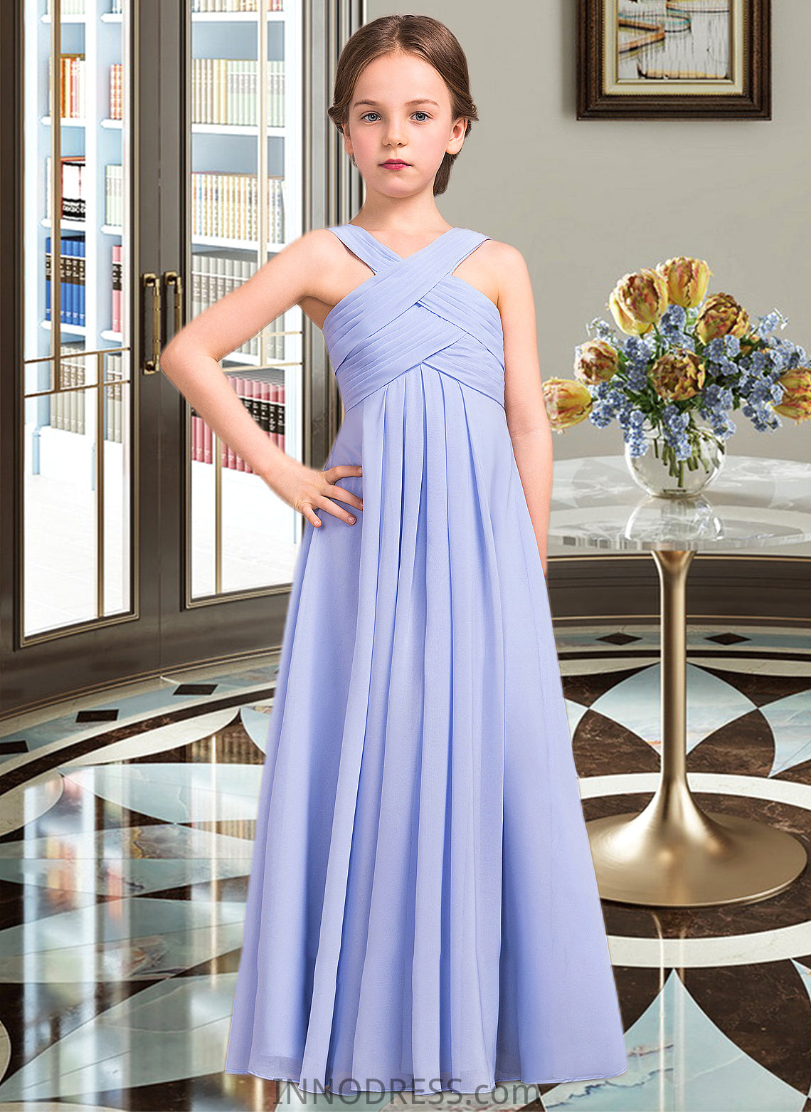 Alessandra A-Line V-neck Floor-Length Chiffon Junior Bridesmaid Dress With Ruffle DPP0013501