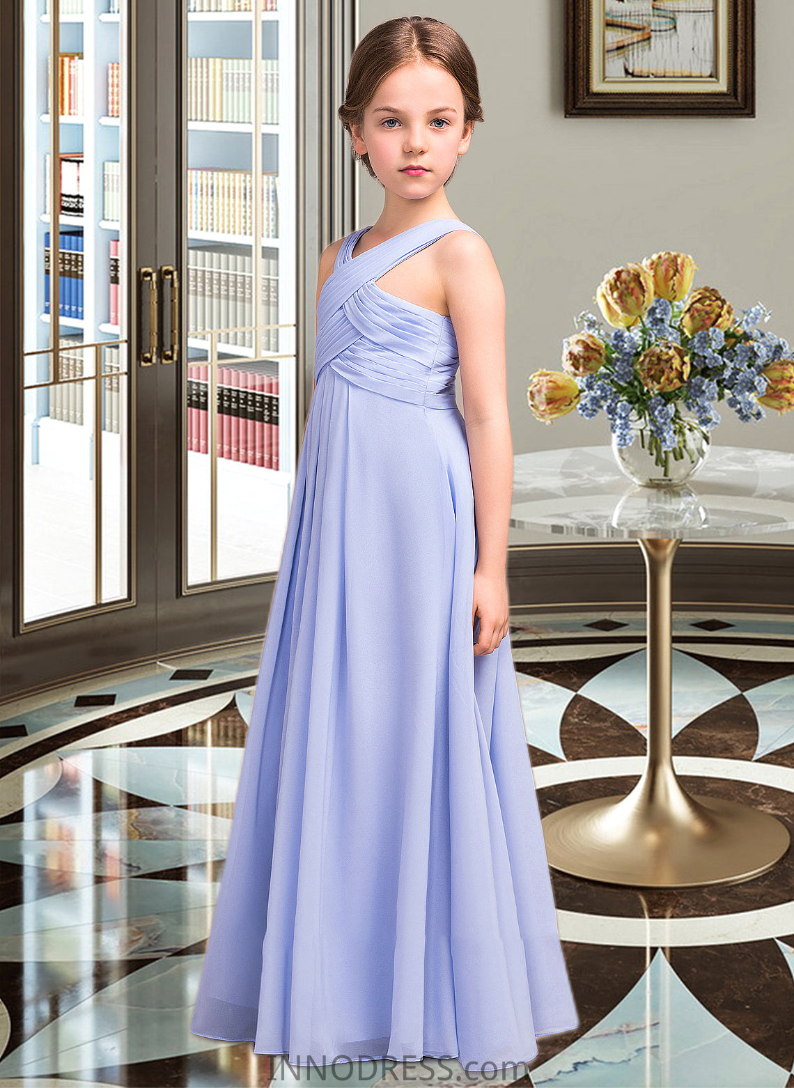 Alessandra A-Line V-neck Floor-Length Chiffon Junior Bridesmaid Dress With Ruffle DPP0013501