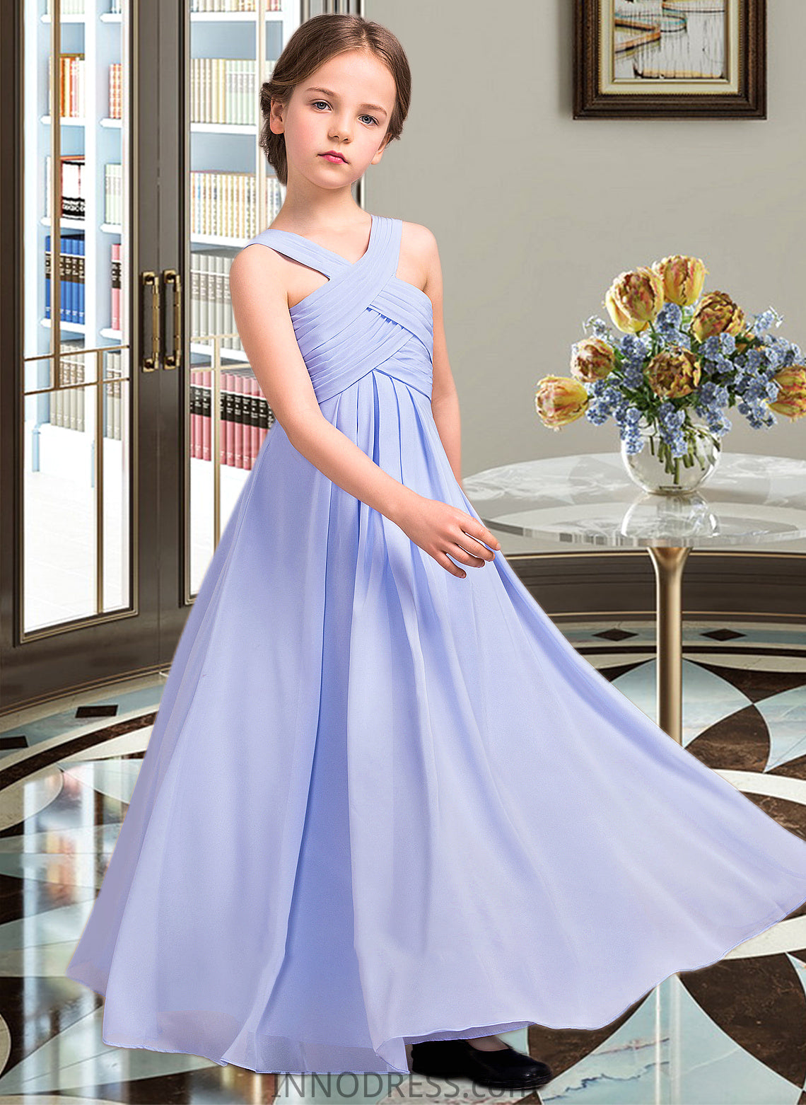 Alessandra A-Line V-neck Floor-Length Chiffon Junior Bridesmaid Dress With Ruffle DPP0013501