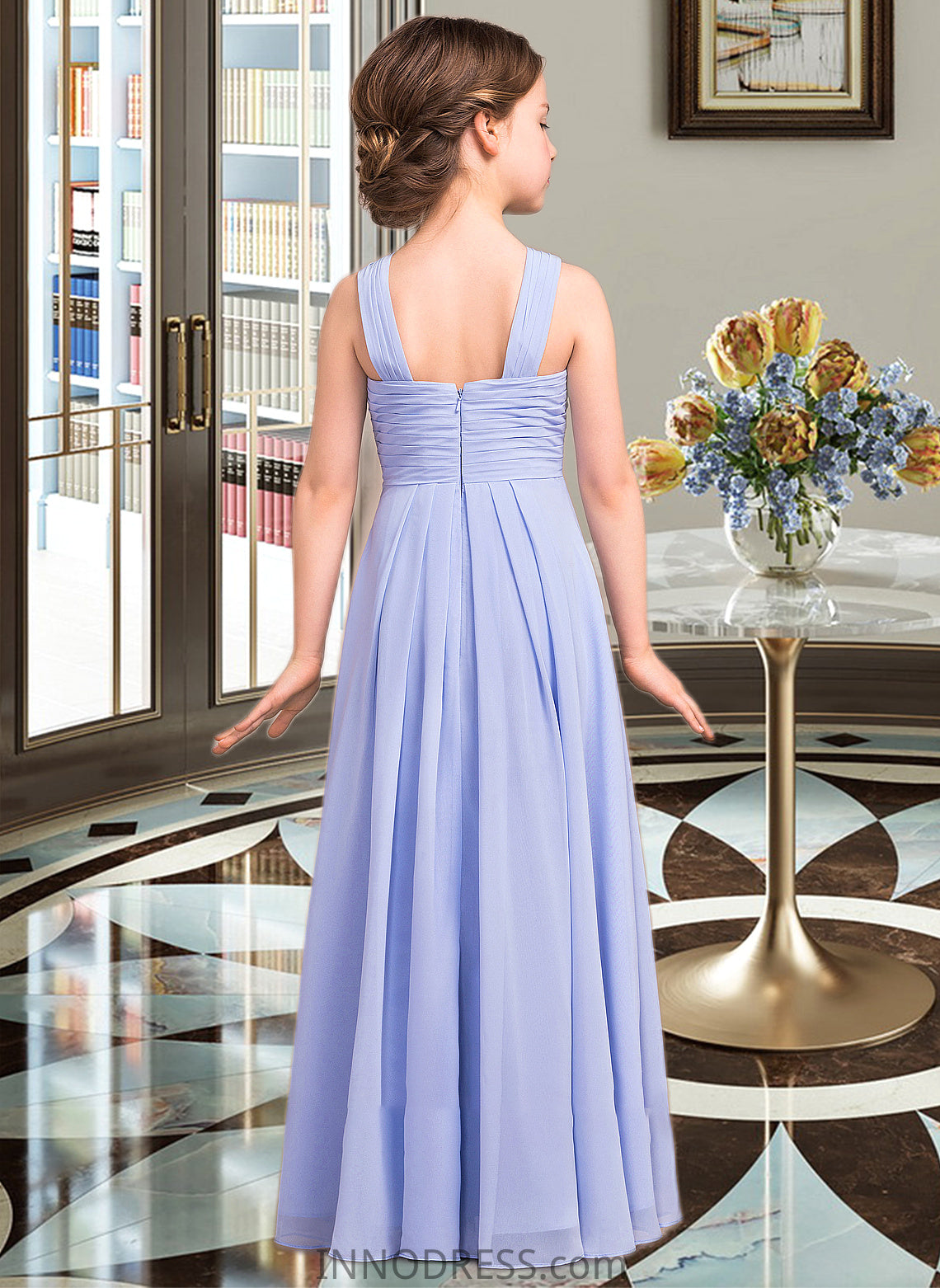 Alessandra A-Line V-neck Floor-Length Chiffon Junior Bridesmaid Dress With Ruffle DPP0013501