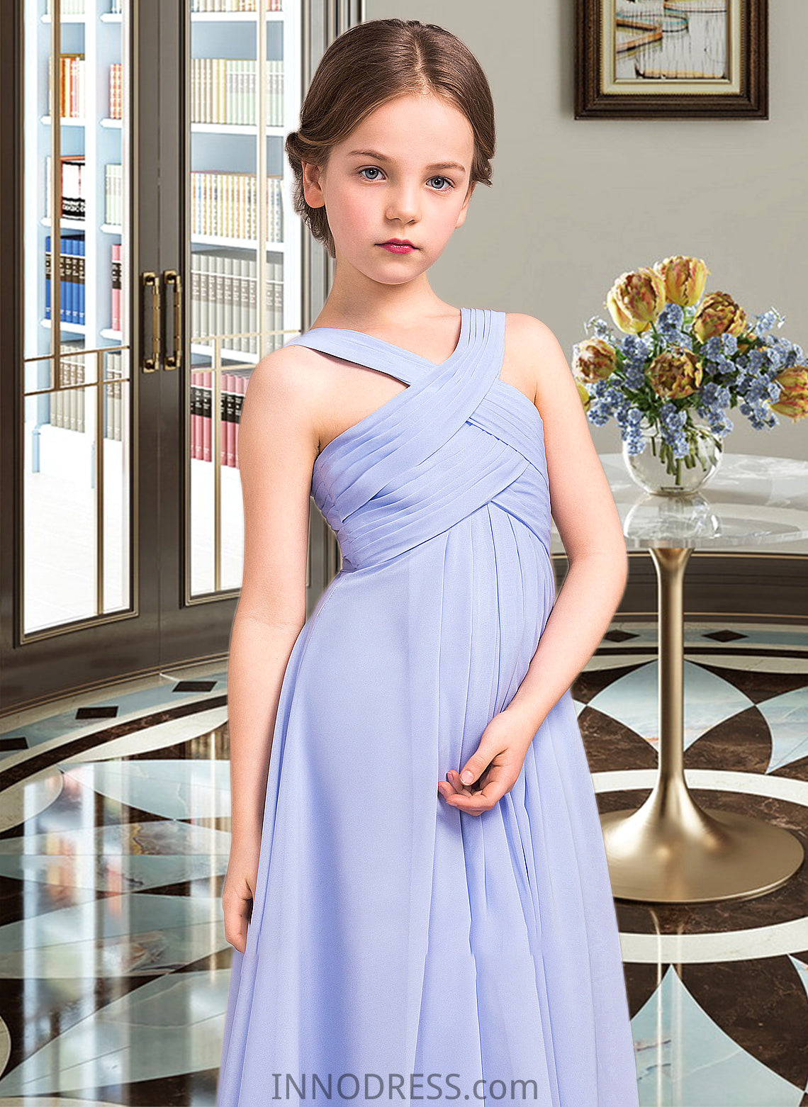 Alessandra A-Line V-neck Floor-Length Chiffon Junior Bridesmaid Dress With Ruffle DPP0013501