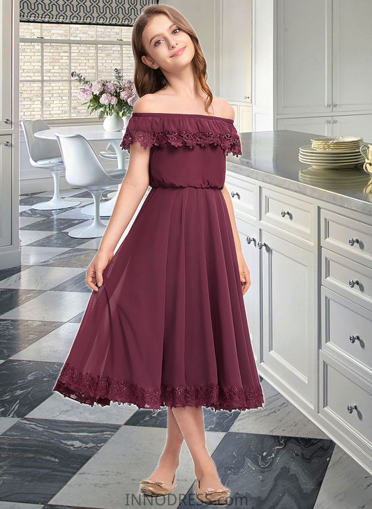 Jayda A-Line Off-the-Shoulder Tea-Length Chiffon Lace Junior Bridesmaid Dress DPP0013505