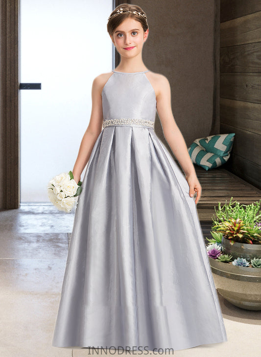 Brianna A-Line Scoop Neck Floor-Length Taffeta Junior Bridesmaid Dress With Beading Bow(s) DPP0013506