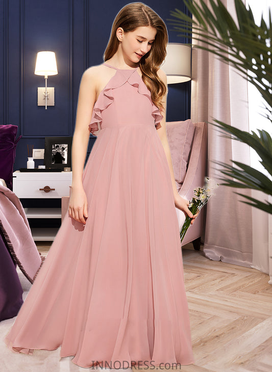 Kasey A-Line Square Neckline Floor-Length Chiffon Junior Bridesmaid Dress With Cascading Ruffles DPP0013509