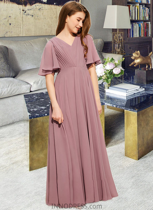 Elyse A-Line V-neck Floor-Length Chiffon Junior Bridesmaid Dress With Ruffle DPP0013510