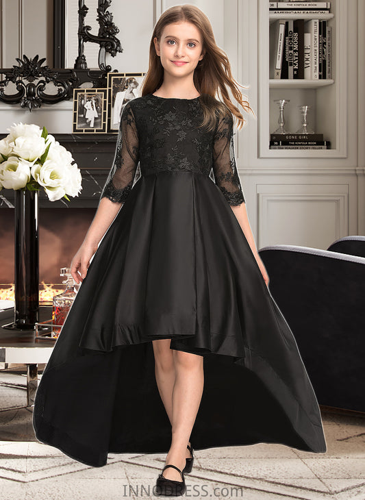 Roberta A-Line Scoop Neck Asymmetrical Satin Lace Junior Bridesmaid Dress With Ruffle DPP0013511