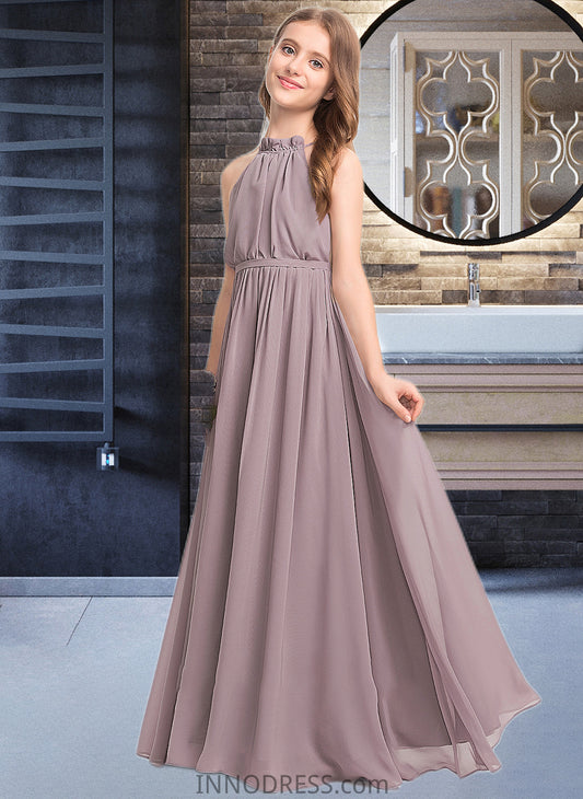 Cherish A-Line High Neck Floor-Length Chiffon Junior Bridesmaid Dress With Bow(s) Cascading Ruffles DPP0013512