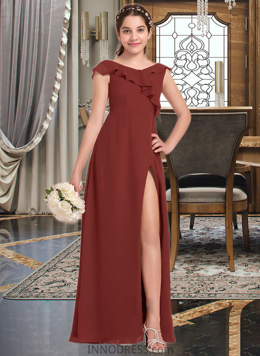 Juliet A-Line V-neck Floor-Length Chiffon Junior Bridesmaid Dress With Split Front Cascading Ruffles DPP0013517