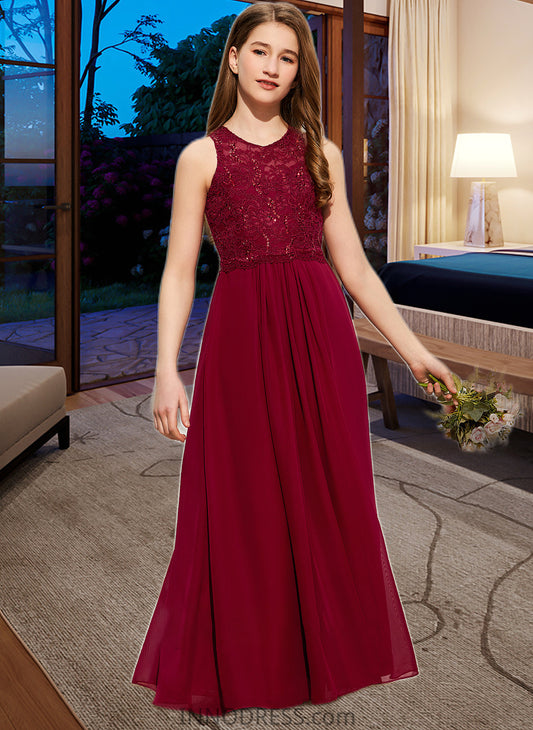 Jacquelyn A-Line Scoop Neck Floor-Length Chiffon Lace Junior Bridesmaid Dress With Sequins DPP0013525