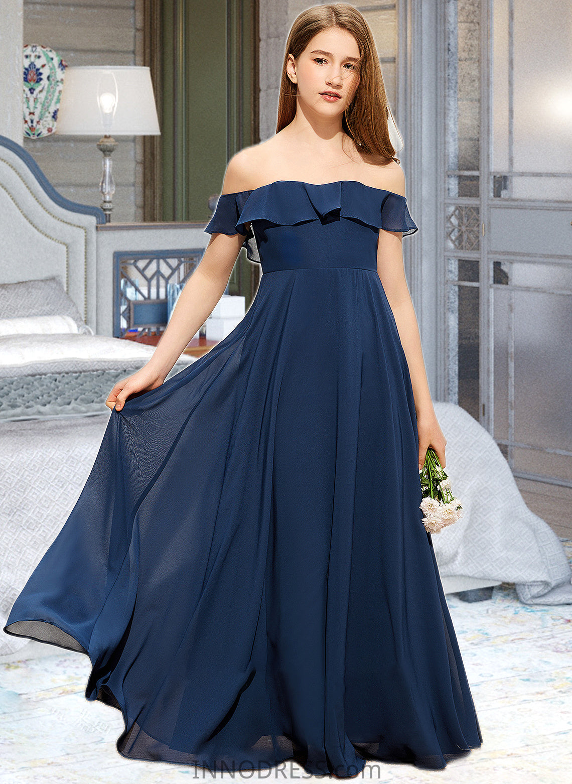 Kaylyn A-Line Off-the-Shoulder Floor-Length Chiffon Junior Bridesmaid Dress DPP0013551