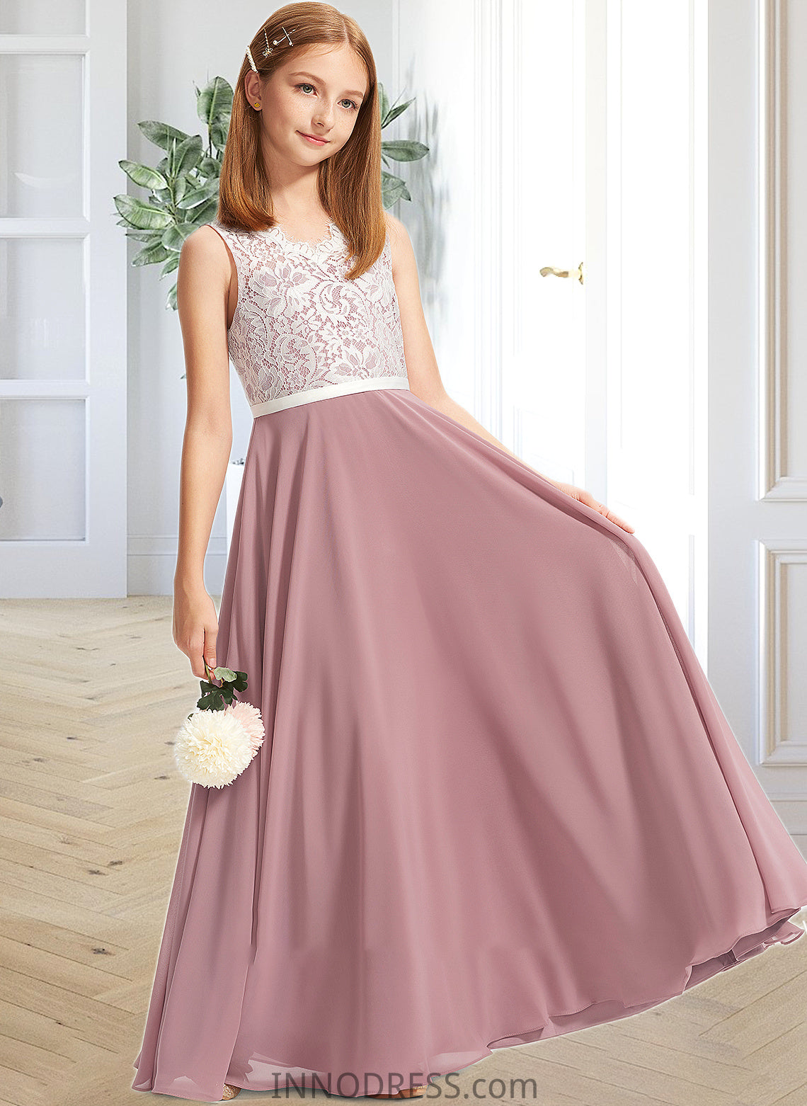 Kiana A-Line V-neck Floor-Length Chiffon Lace Junior Bridesmaid Dress DPP0013552