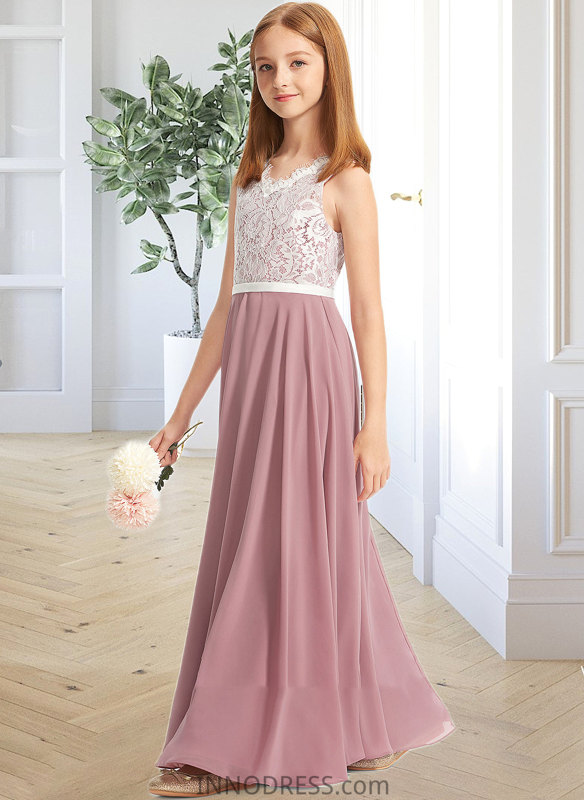 Kiana A-Line V-neck Floor-Length Chiffon Lace Junior Bridesmaid Dress DPP0013552