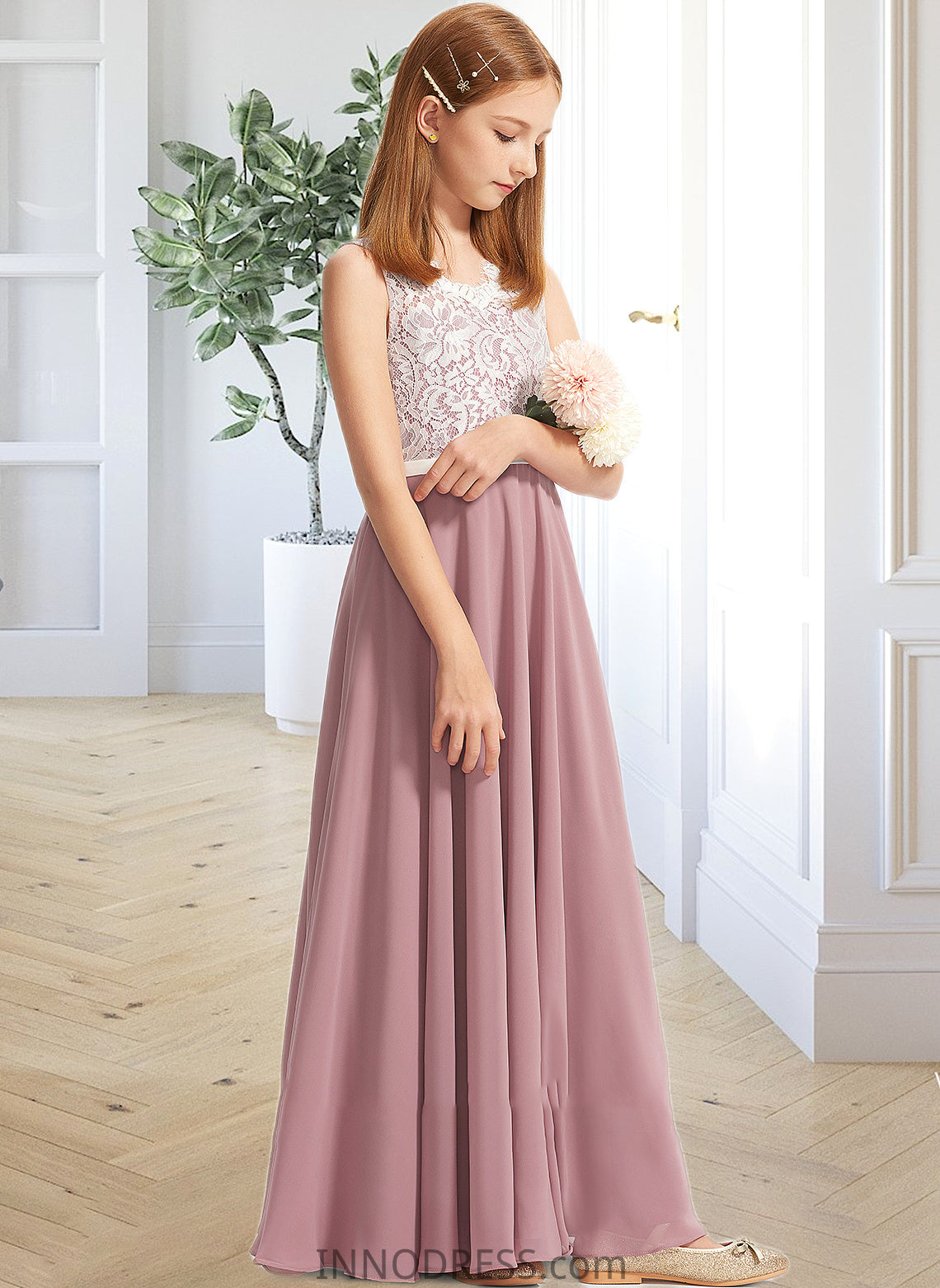 Kiana A-Line V-neck Floor-Length Chiffon Lace Junior Bridesmaid Dress DPP0013552