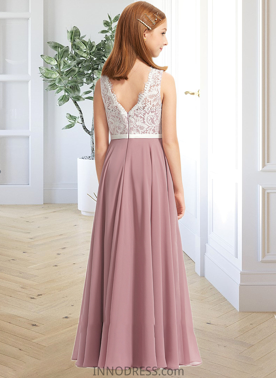 Kiana A-Line V-neck Floor-Length Chiffon Lace Junior Bridesmaid Dress DPP0013552