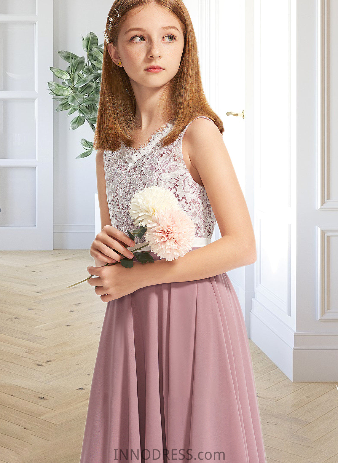 Kiana A-Line V-neck Floor-Length Chiffon Lace Junior Bridesmaid Dress DPP0013552