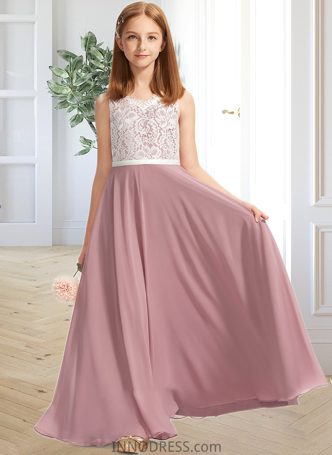 Kiana A-Line V-neck Floor-Length Chiffon Lace Junior Bridesmaid Dress DPP0013552