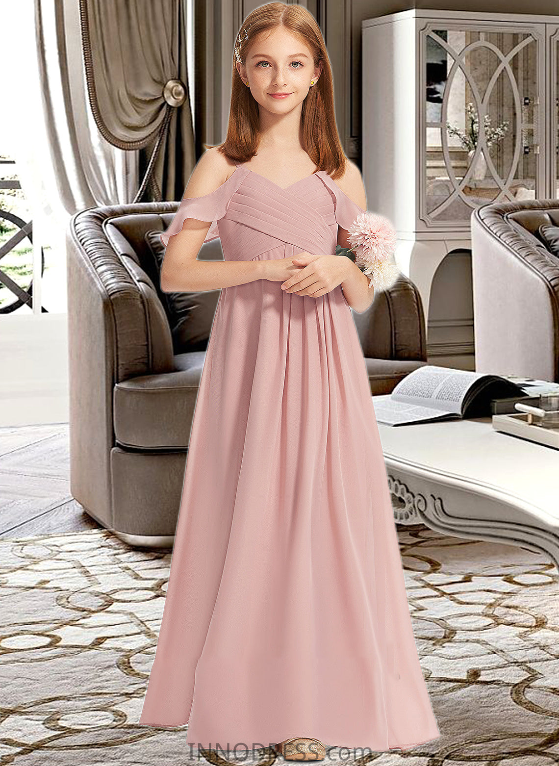 Hillary A-Line Off-the-Shoulder Floor-Length Chiffon Junior Bridesmaid Dress With Cascading Ruffles DPP0013553