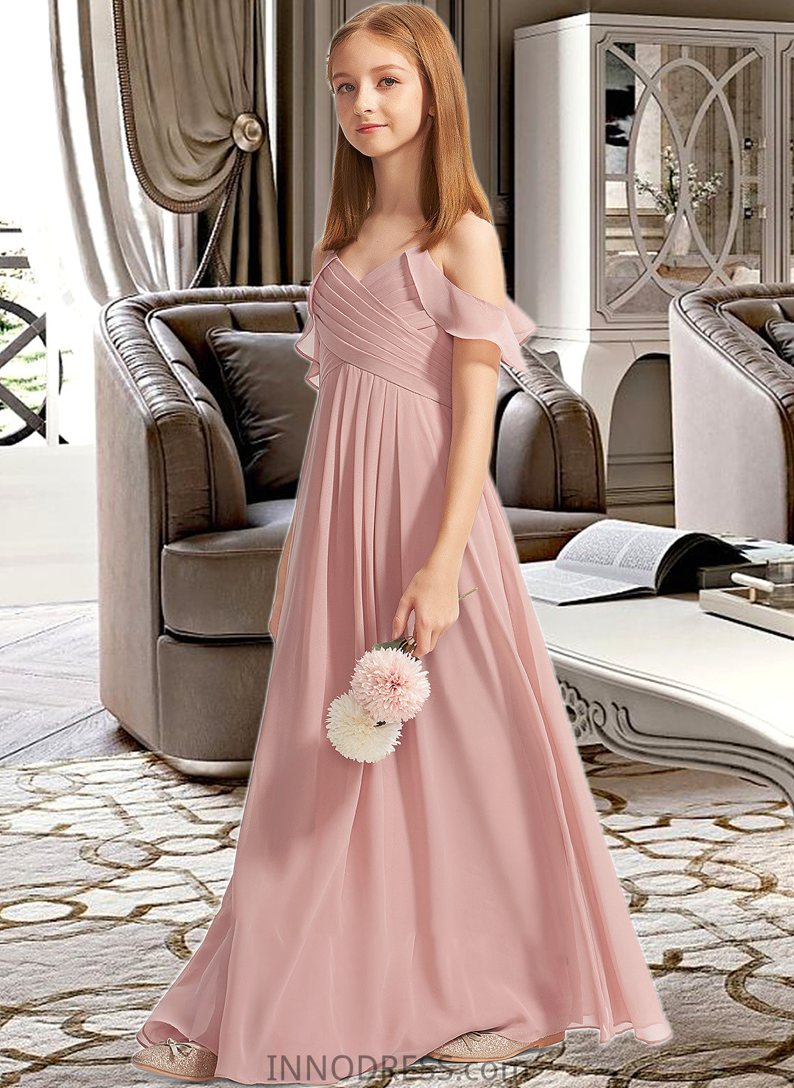 Hillary A-Line Off-the-Shoulder Floor-Length Chiffon Junior Bridesmaid Dress With Cascading Ruffles DPP0013553