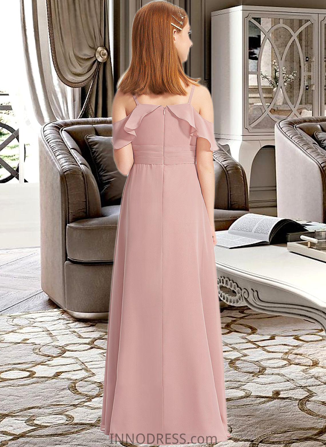 Hillary A-Line Off-the-Shoulder Floor-Length Chiffon Junior Bridesmaid Dress With Cascading Ruffles DPP0013553