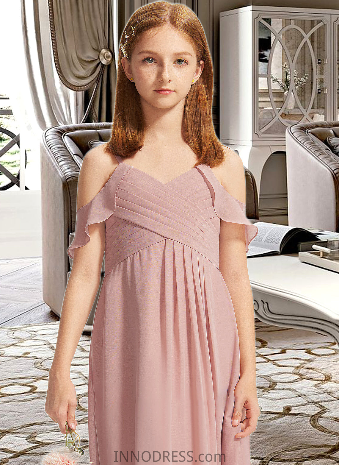 Hillary A-Line Off-the-Shoulder Floor-Length Chiffon Junior Bridesmaid Dress With Cascading Ruffles DPP0013553