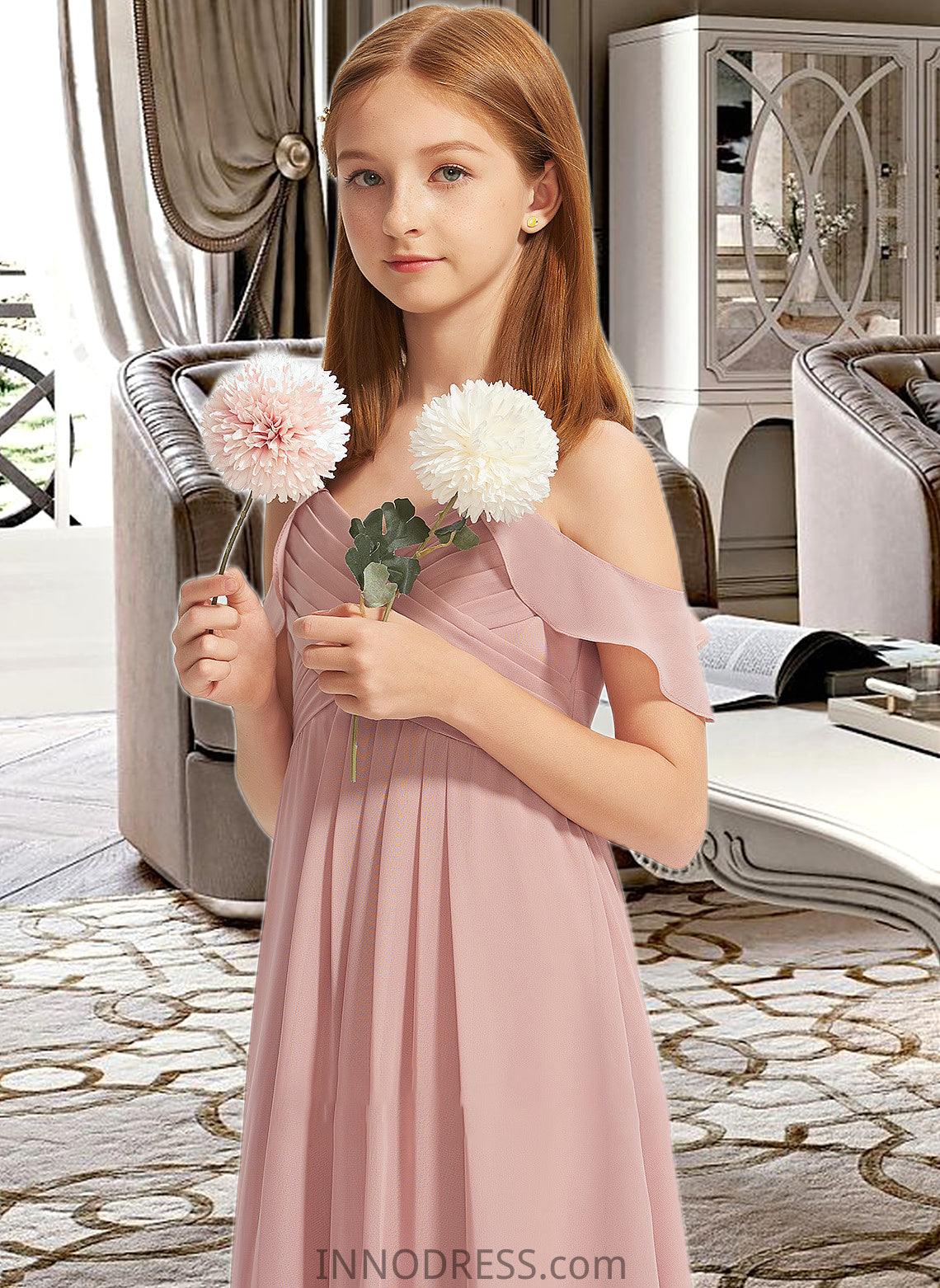 Hillary A-Line Off-the-Shoulder Floor-Length Chiffon Junior Bridesmaid Dress With Cascading Ruffles DPP0013553