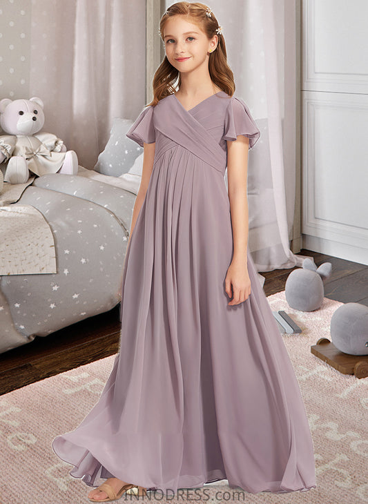 Kendall A-Line V-neck Floor-Length Chiffon Junior Bridesmaid Dress With Ruffle DPP0013554