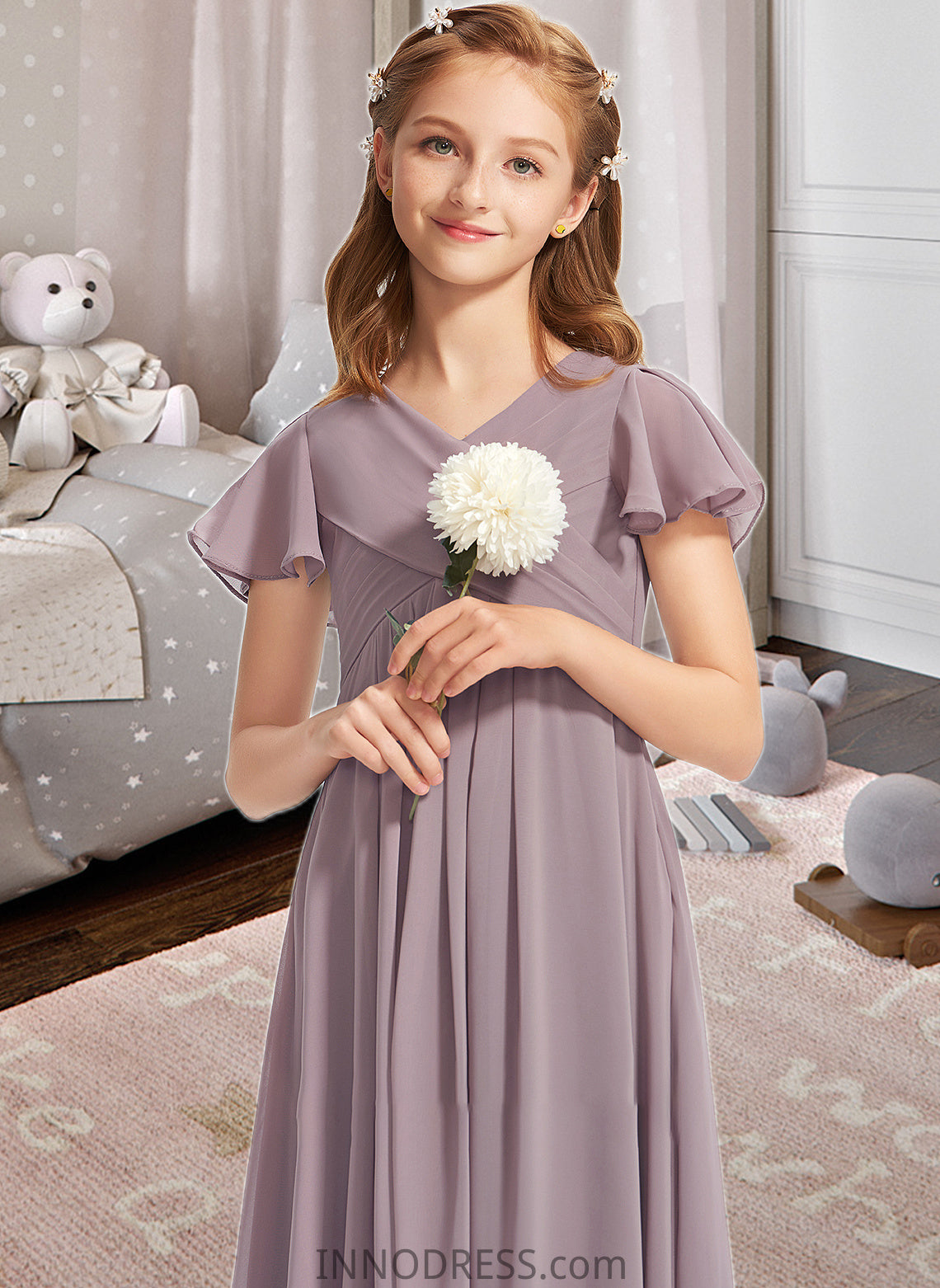 Kendall A-Line V-neck Floor-Length Chiffon Junior Bridesmaid Dress With Ruffle DPP0013554