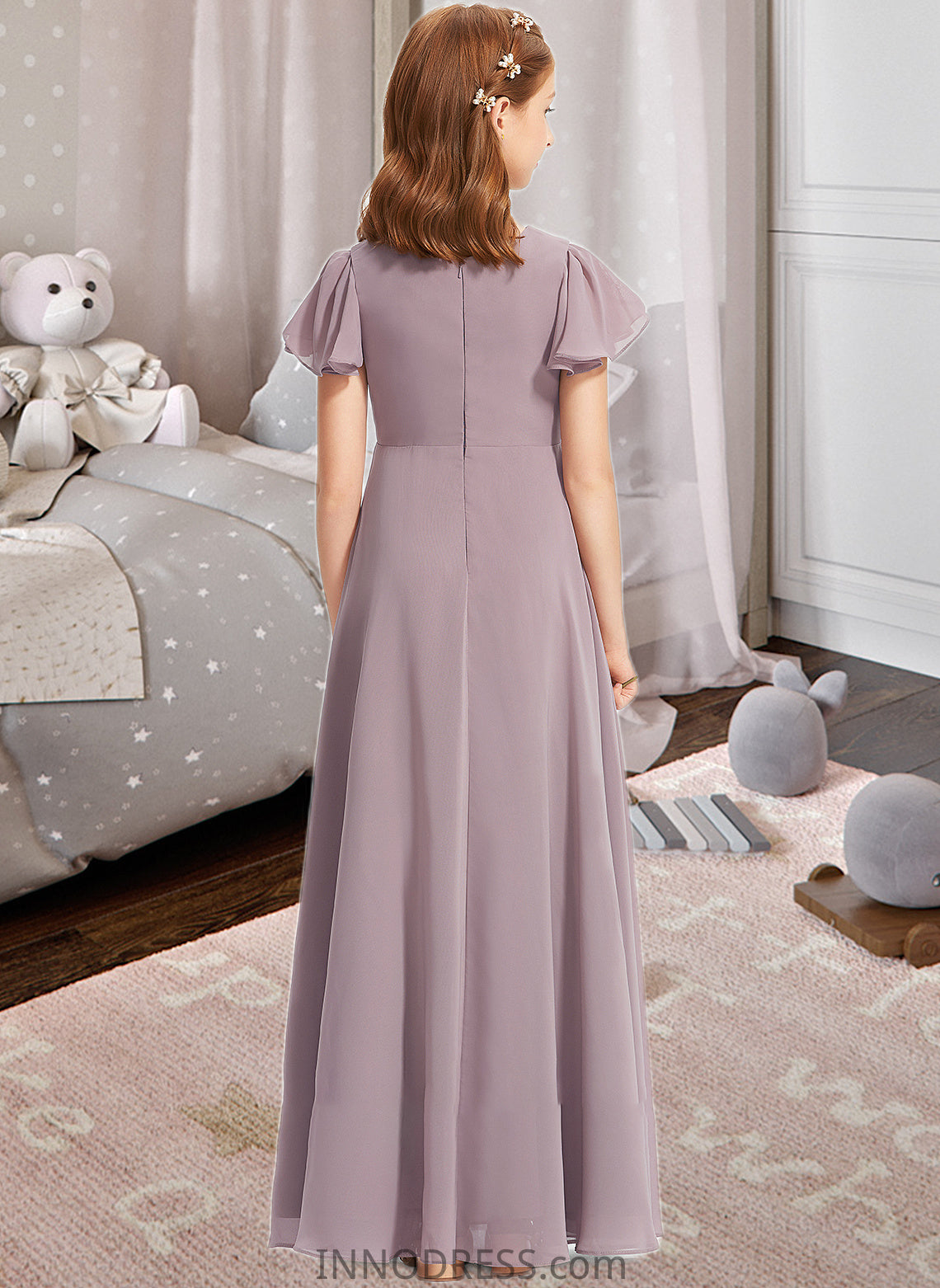 Kendall A-Line V-neck Floor-Length Chiffon Junior Bridesmaid Dress With Ruffle DPP0013554