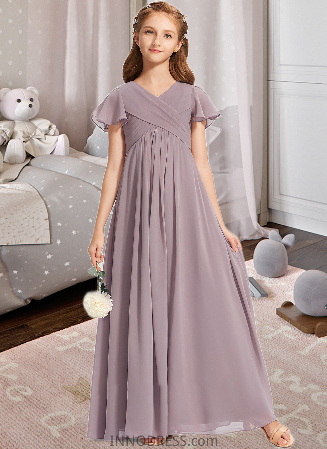 Kendall A-Line V-neck Floor-Length Chiffon Junior Bridesmaid Dress With Ruffle DPP0013554