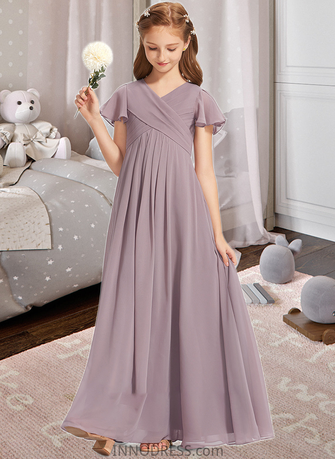 Kendall A-Line V-neck Floor-Length Chiffon Junior Bridesmaid Dress With Ruffle DPP0013554