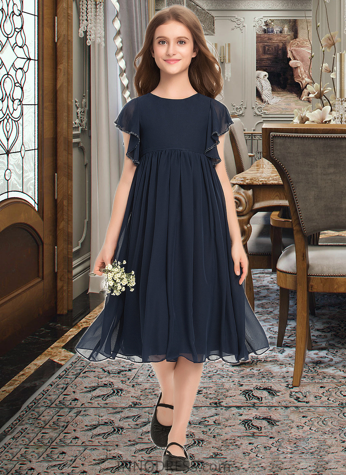 Alia A-Line Scoop Neck Knee-Length Chiffon Junior Bridesmaid Dress With Beading DPP0013556