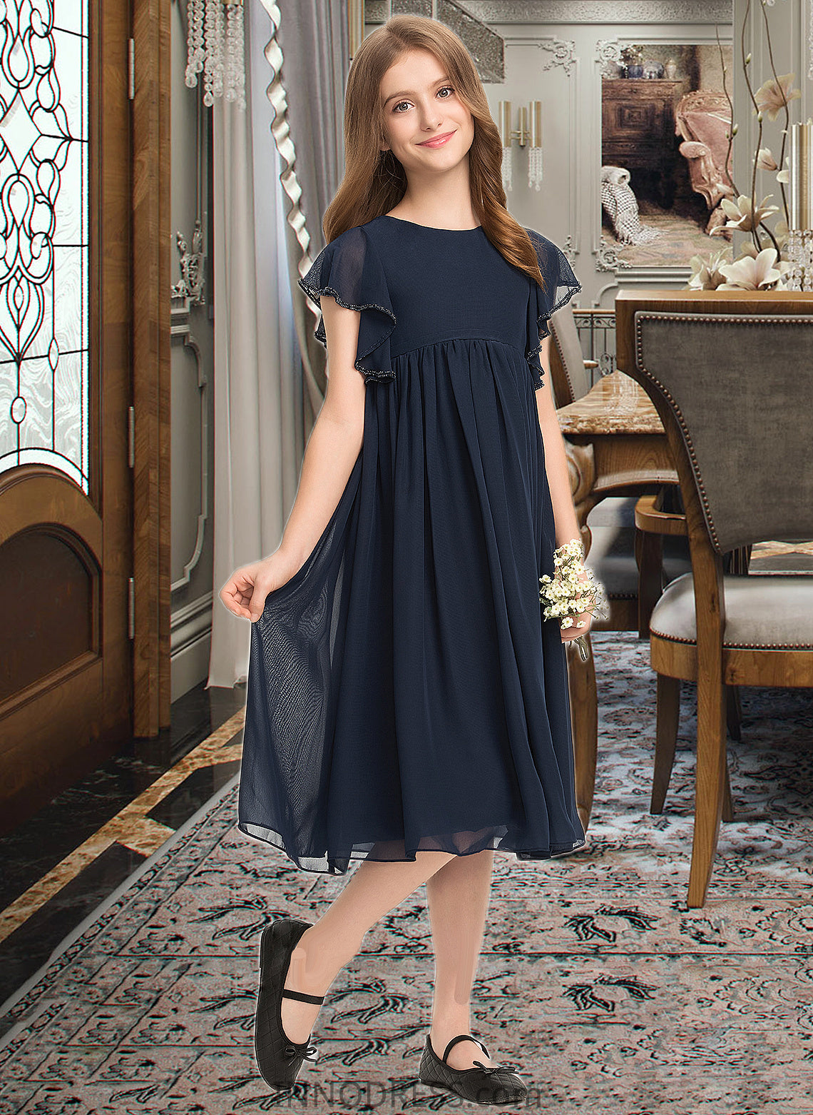 Alia A-Line Scoop Neck Knee-Length Chiffon Junior Bridesmaid Dress With Beading DPP0013556