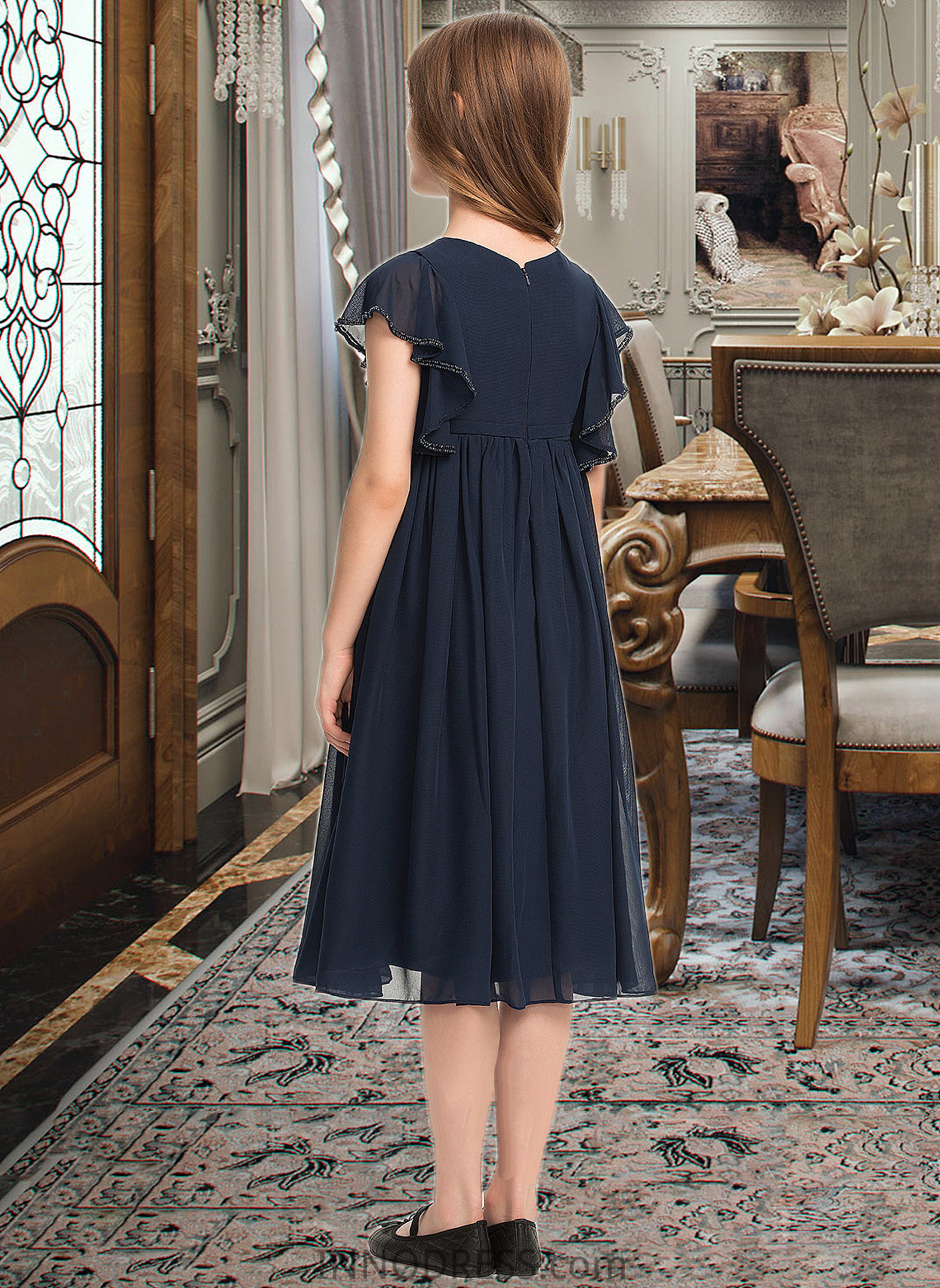 Alia A-Line Scoop Neck Knee-Length Chiffon Junior Bridesmaid Dress With Beading DPP0013556