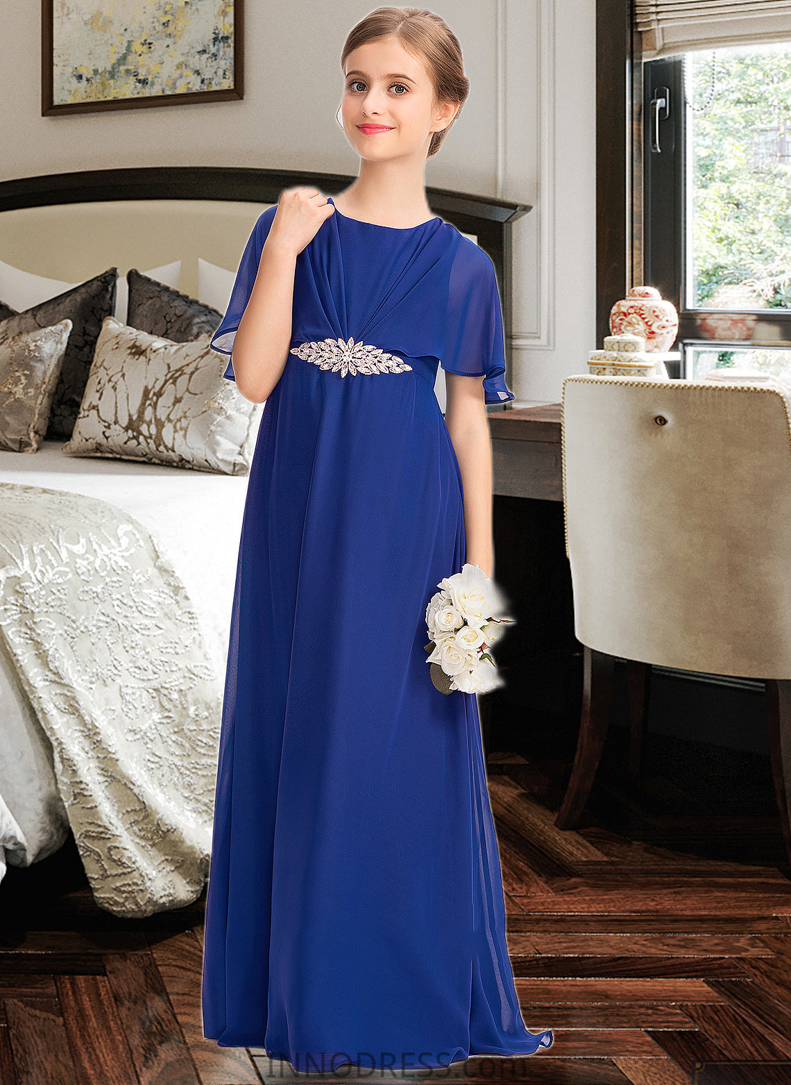 Amy A-Line Scoop Neck Floor-Length Chiffon Junior Bridesmaid Dress With Ruffle Beading DPP0013560