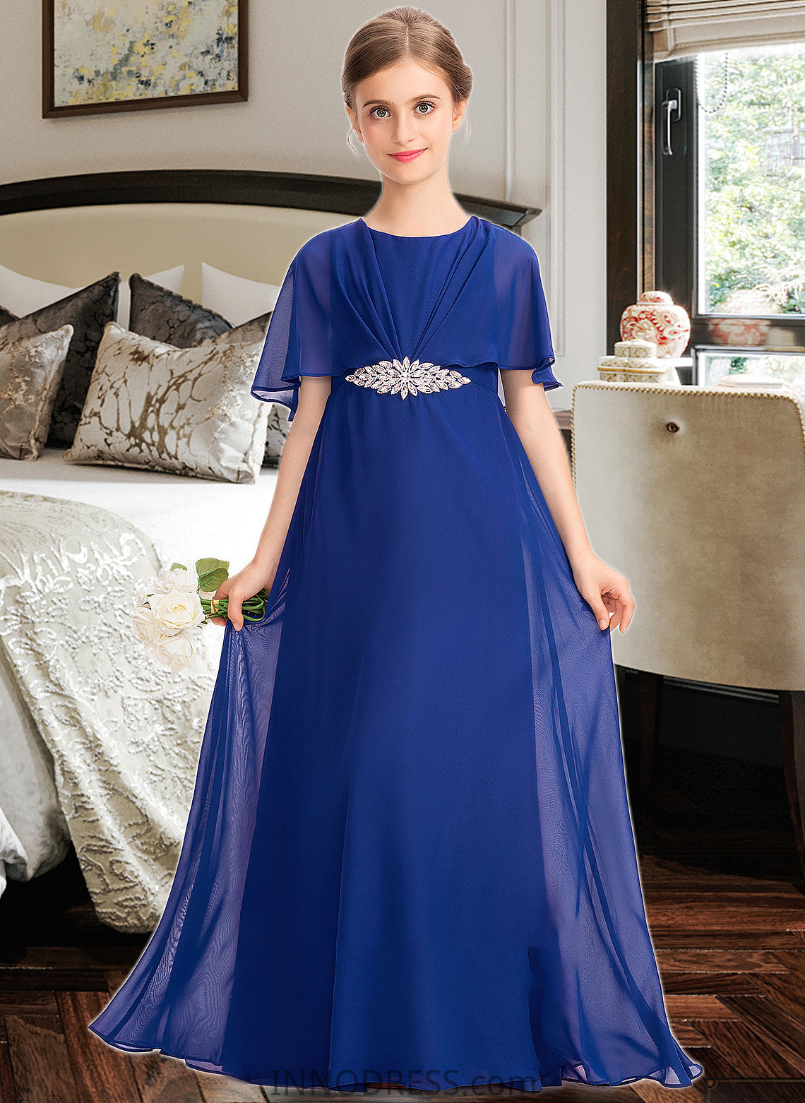 Amy A-Line Scoop Neck Floor-Length Chiffon Junior Bridesmaid Dress With Ruffle Beading DPP0013560