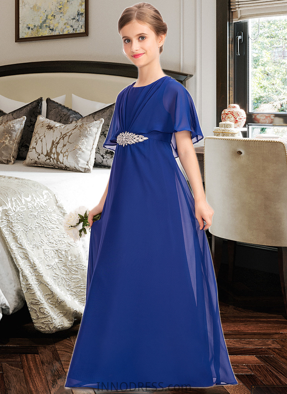 Amy A-Line Scoop Neck Floor-Length Chiffon Junior Bridesmaid Dress With Ruffle Beading DPP0013560