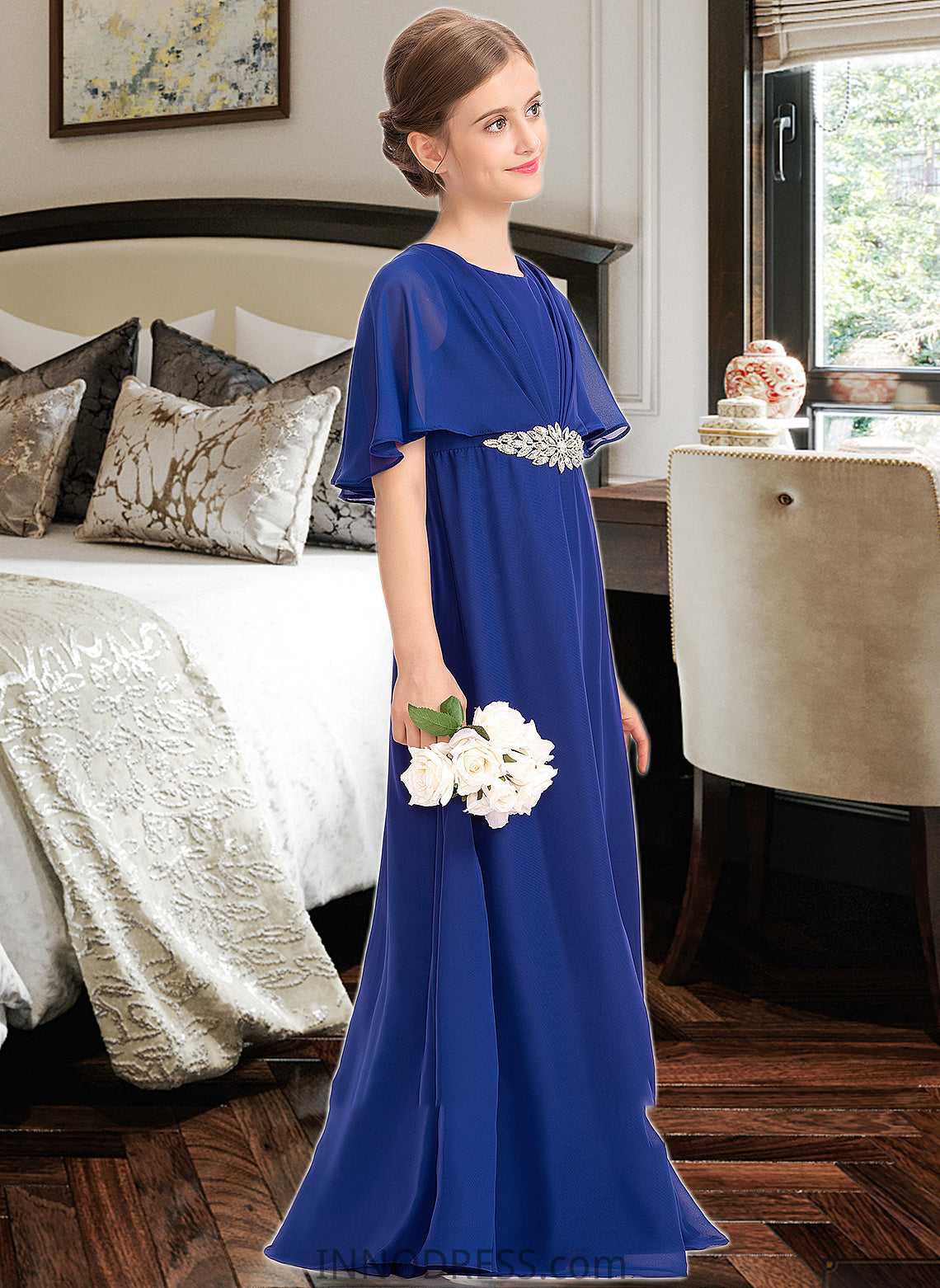 Amy A-Line Scoop Neck Floor-Length Chiffon Junior Bridesmaid Dress With Ruffle Beading DPP0013560