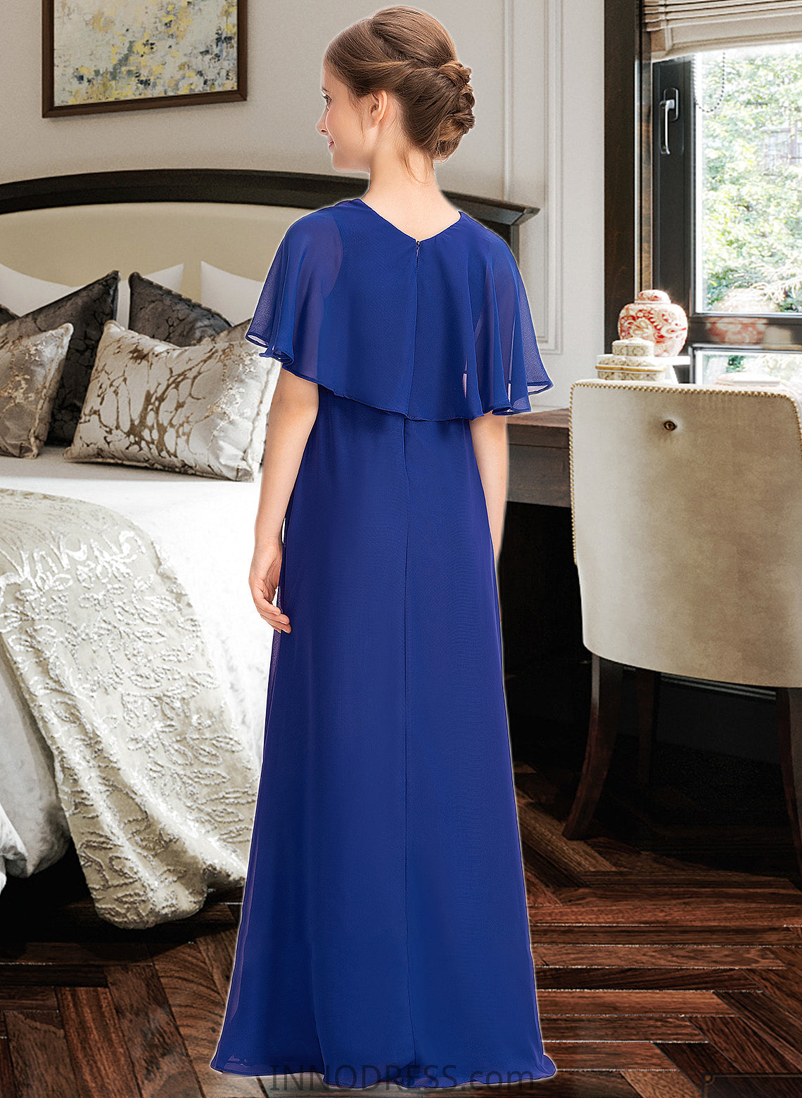 Amy A-Line Scoop Neck Floor-Length Chiffon Junior Bridesmaid Dress With Ruffle Beading DPP0013560