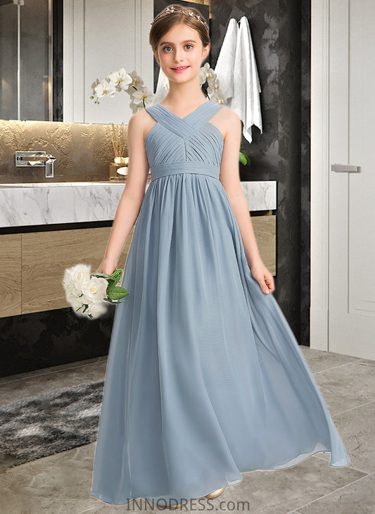 Kayden A-Line V-neck Floor-Length Chiffon Junior Bridesmaid Dress With Ruffle DPP0013561