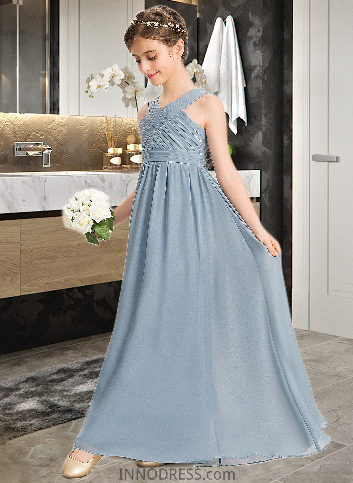 Kayden A-Line V-neck Floor-Length Chiffon Junior Bridesmaid Dress With Ruffle DPP0013561