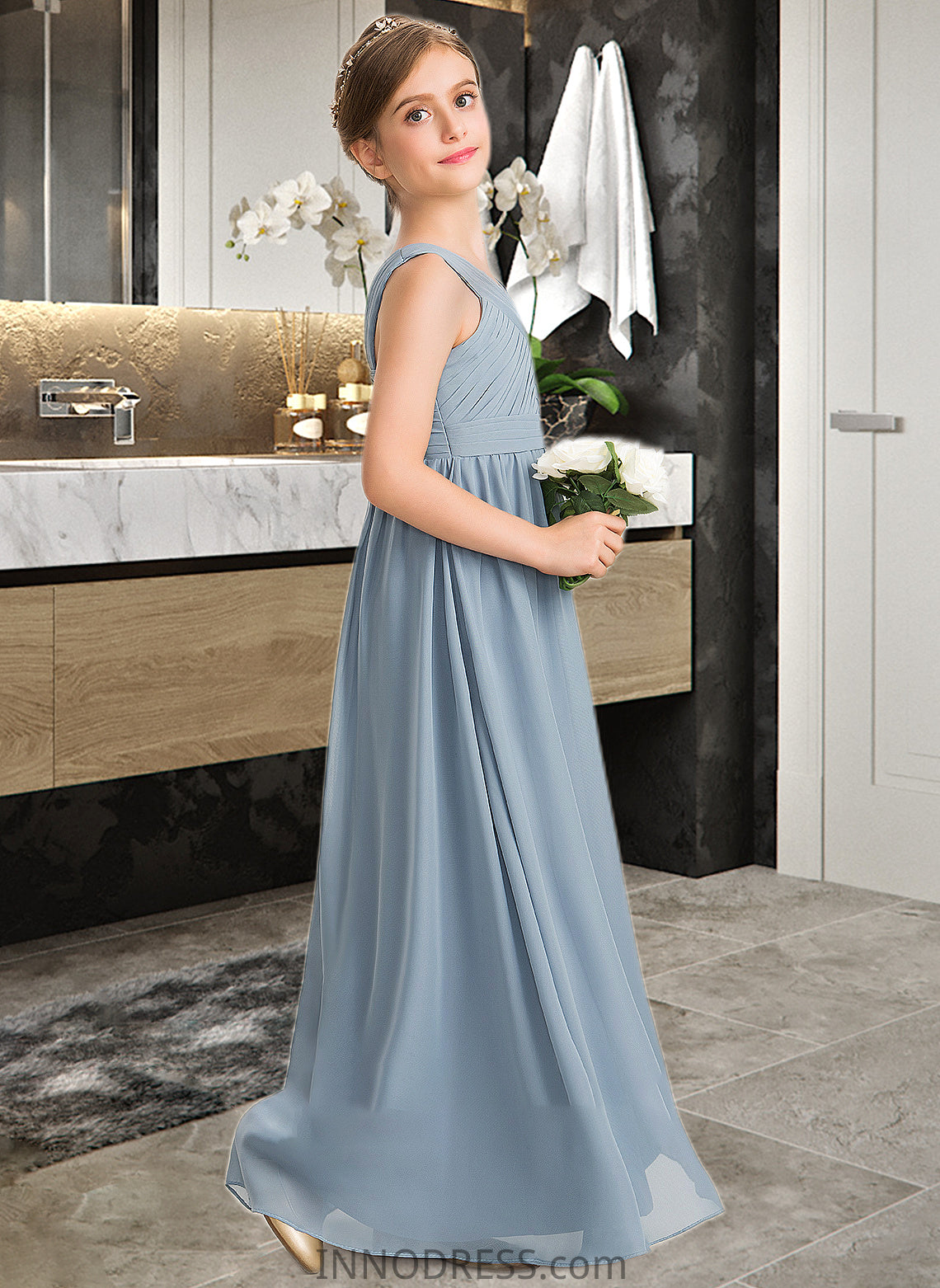 Kayden A-Line V-neck Floor-Length Chiffon Junior Bridesmaid Dress With Ruffle DPP0013561