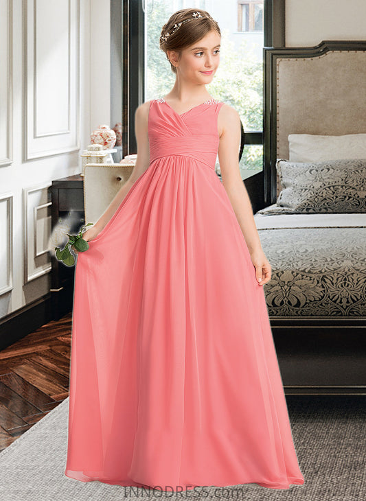 Milagros EmpireV-neckFloor-LengthChiffonJuniorBridesmaidDressWithRuffleBeadingSequins#173291 DPP0013562