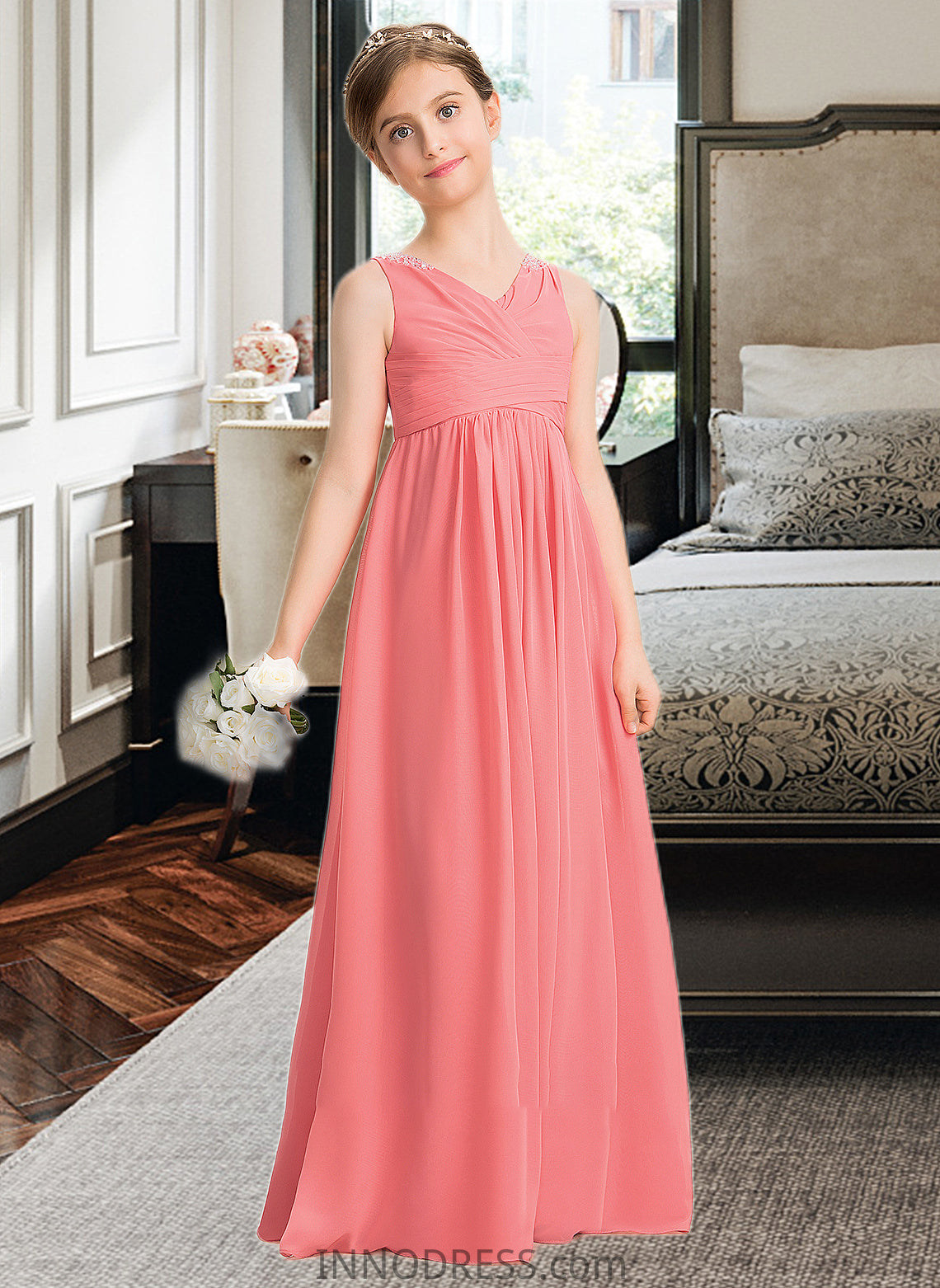 Milagros EmpireV-neckFloor-LengthChiffonJuniorBridesmaidDressWithRuffleBeadingSequins#173291 DPP0013562