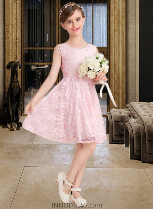 Tianna A-Line Scoop Neck Knee-Length Lace Junior Bridesmaid Dress With Sash Bow(s) DPP0013563